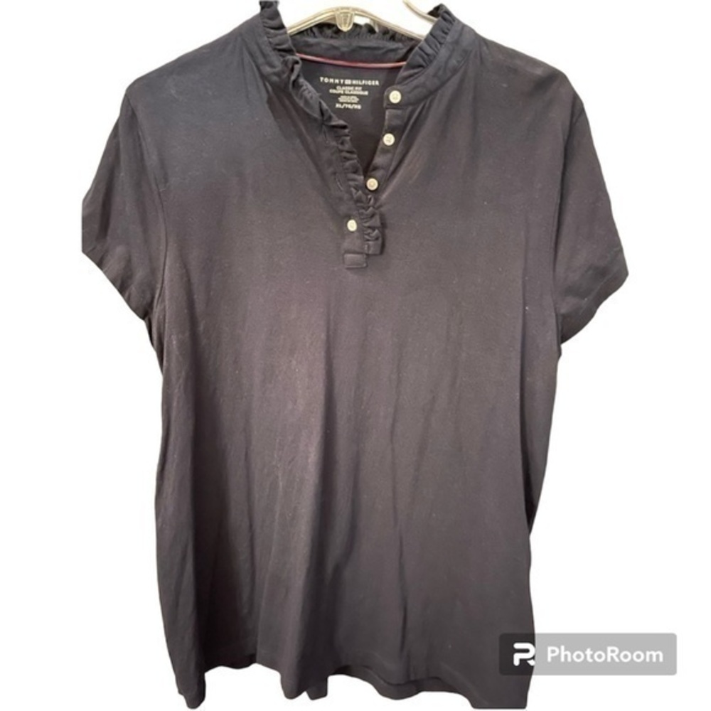 TOMMY HILFIGER Navy Blue‎ Ruffle Collar Polo Shirt Golf Size XL